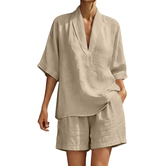 Bosfbaoi Two Piece Sets for Women Linen Blend Relaxed Fit Casual Outfit Set V-Neck Kimono Sleeve Tops Elastic Waist Shorts Summer Outfits Matching Sets Women Clothing