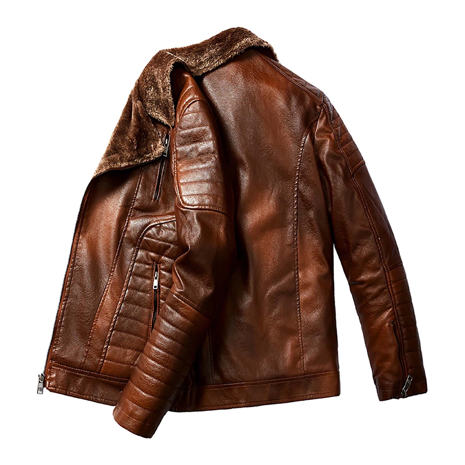 IROINNID Men's Faux Leather V-Neck Notch Lapel Long Sleeve Solid Color Loose Autumn And Winter Fleece Jacket