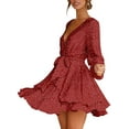 thumbnail image 2 of YAZI Women's Dress Deep V-Neck Long Sleeve Waist Tie Ruffle Mini Swing Skater Dresses, 2 of 11