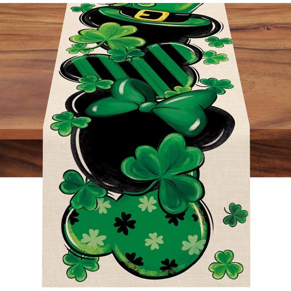 St. Patricks Day Table Runner, Shamrock Clover Top Hat Stripes Ladybug Kitchen Dining Table Decor, Irish Spring Home Decoration Indoor Outdoor Party Supply 13 x 90 Inches