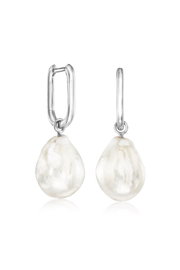 Sterling Silver Hoop Earrings With Removable 12-13mm Cultured Baroque Pearl Drops, Women's, Adult