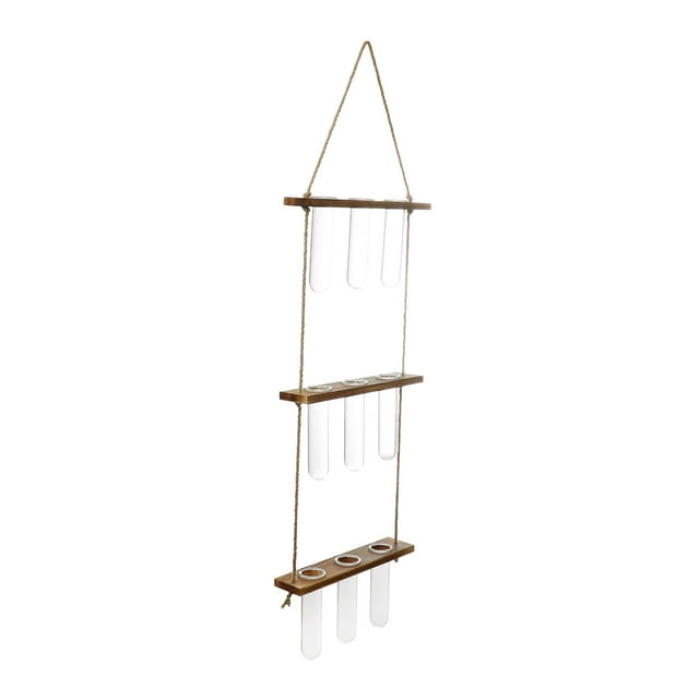 Maceta de vidrio moderna con flores en forma de capullo sobre estante de madera para colgar en la pared. Madera Rústica 3capas