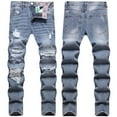 thumbnail image 2 of Men's Distressed Denim Pants Buckle Wash Jeans with Pockets Casual Straight Leg Trousers without Belt, 2 of 9