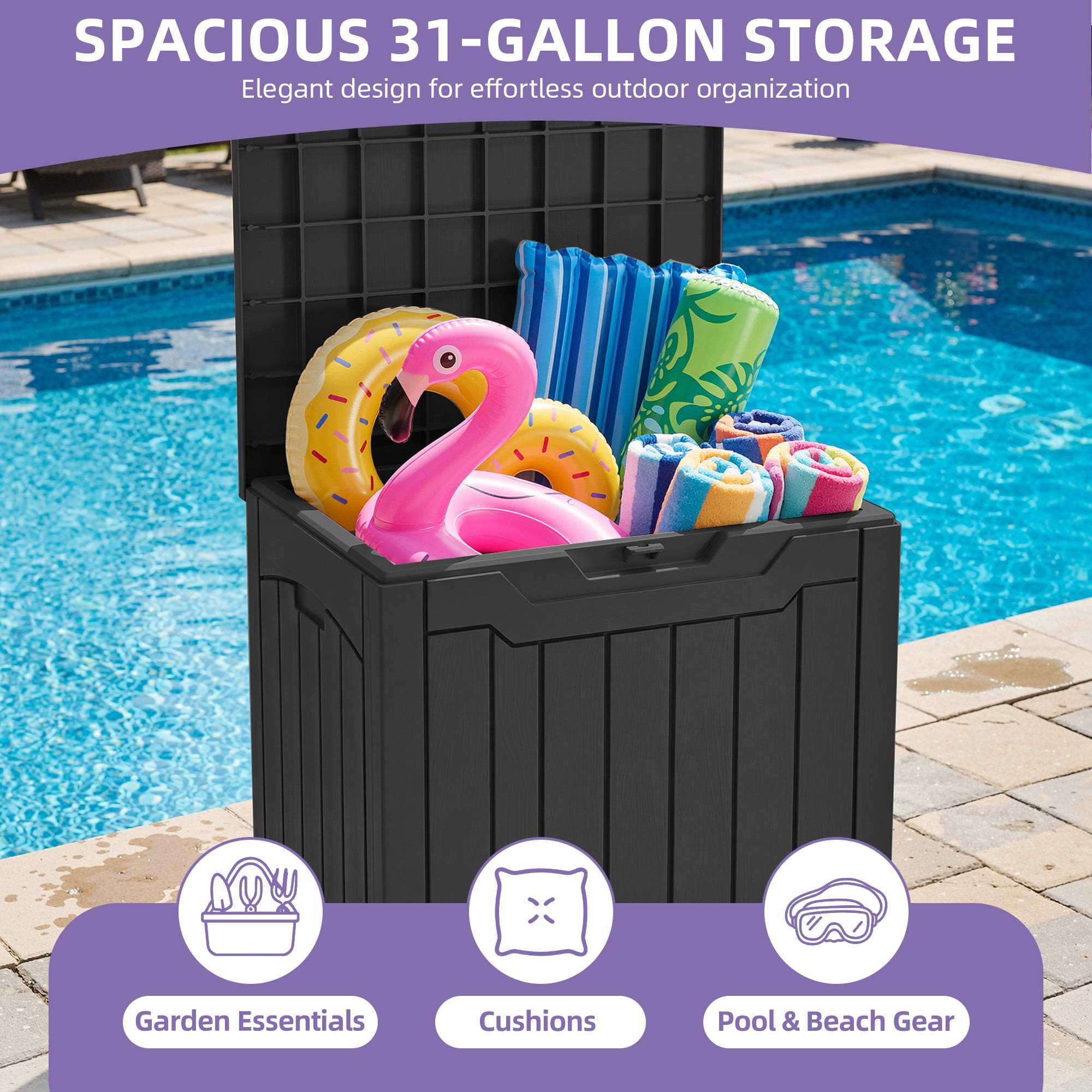 Uforic 31 Gallon Outdoor Waterproof Resin Deck Box, Outdoor Side Table, Resin Outdoor Storage Box, Black