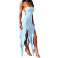 thumbnail image 3 of Vestido de Fiesta Elegante de Verano para Mujer, Sin Tirantes, Tubo, Midi, Ajustado, con Volantes Irregulares y Borlas Azul S, 3 of 10