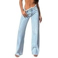 thumbnail image 2 of Female High Waisted Raw Hem Jeans Stretchy Wide Leg Frayed Straight Denim Pants Light Blue S, 2 of 10