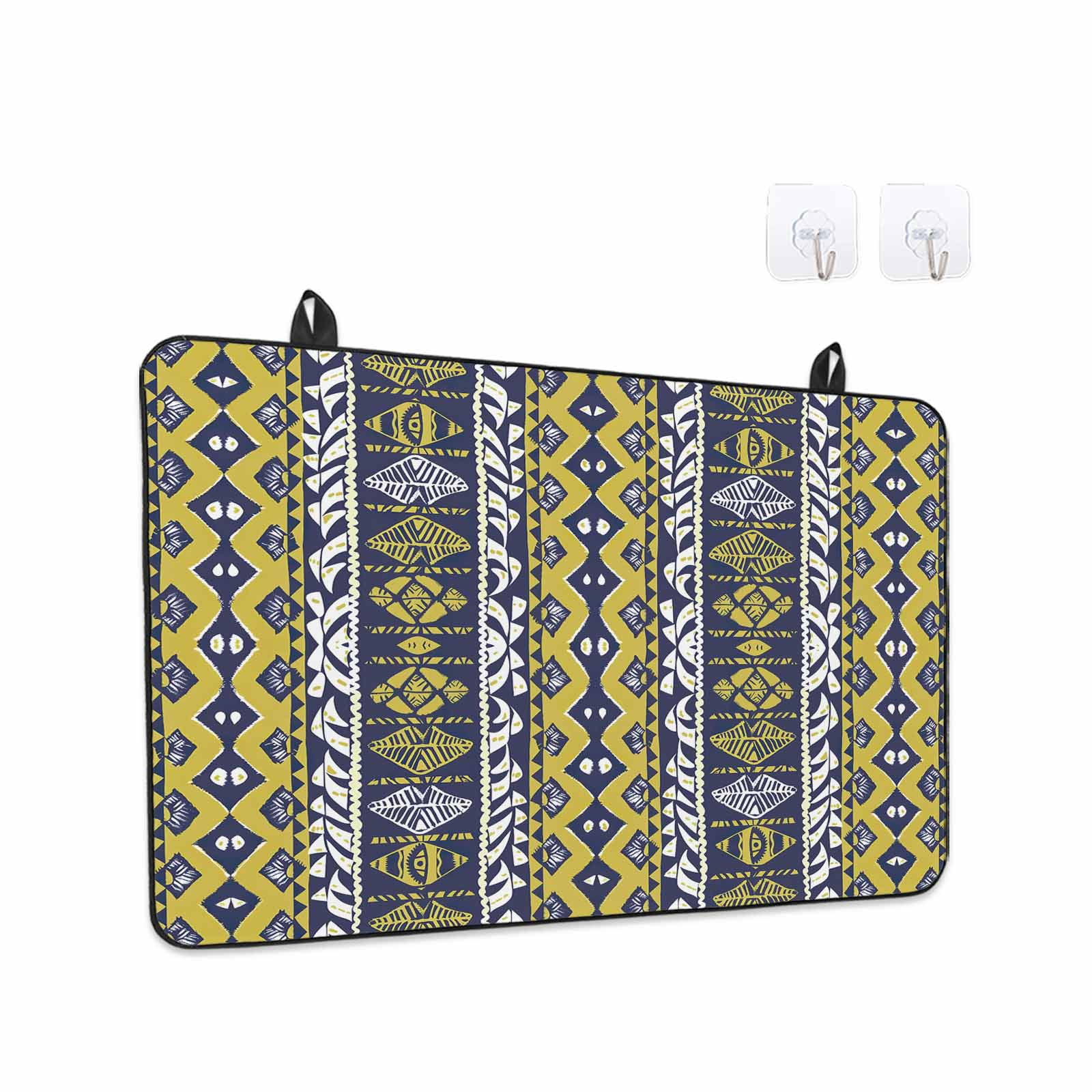 Yellow Navy Blue Geometric Stove Top Cover for Electric Stove, Heat-proof & Non Slip Glass Top Stove Cover Protector, Southwestern Ethnic Boho Kitchen Flat Cooktop Rubber Mat 24x21 Inches