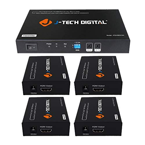 J-Tech Digital 1x4 HDMI Extender Splitter Combo Over Cat5e/Cat6 cable up to 164 feet (50 meters) at 1080P with Local Loop out and Bi-directional IR control (JTDHDEX1x4)
