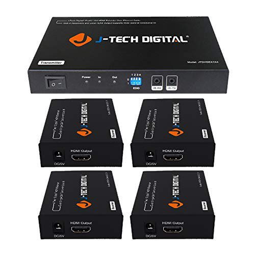 J-Tech Digital 1x4 HDMI Extender Splitter Combo Over Cat5e/Cat6 cable up to 164 feet (50 meters) at 1080P with Local Loop out and Bi-directional IR control (JTDHDEX1x4)