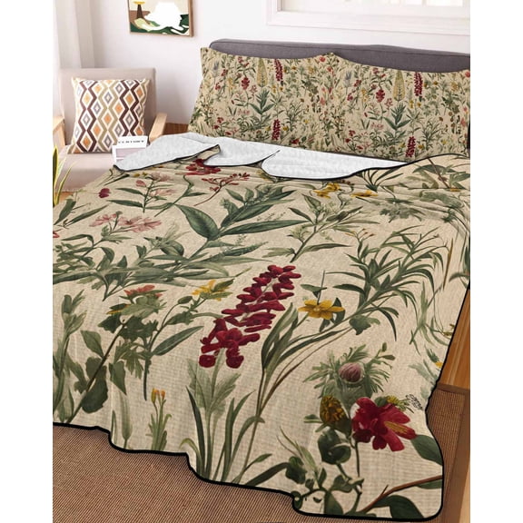 Rustic Botanical King Size Down Alternative Comforter, Lightweight Comforter Quilt Bedding Set with Pillow Shams Vintage Floral Wildflower All Seasons Bed Comforter Duvet Insert 96"x106"
