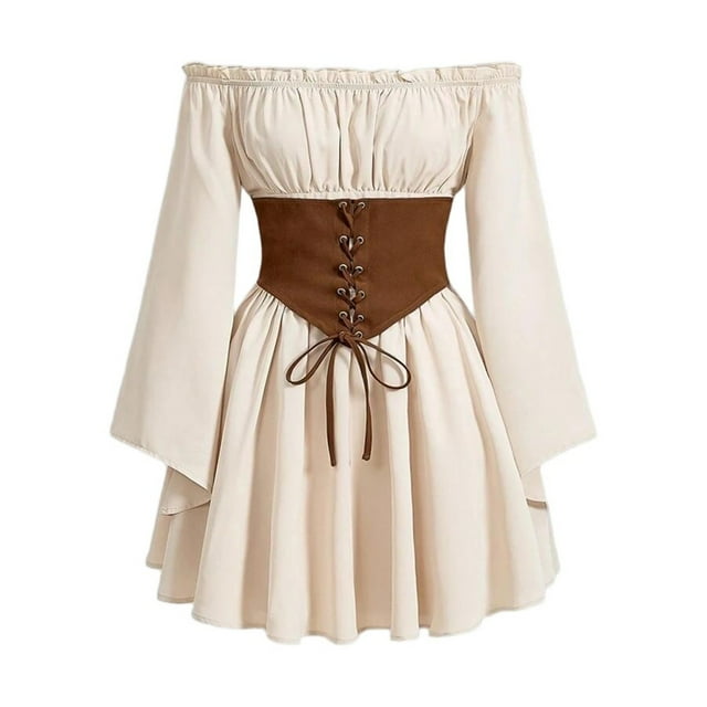 Mgmyaa Robe Gothique Vintage Style Cour pour Femmes - Coupe Ajustée, à Lacets, Épaules Dénudées, Manches Évasées, Taille Cintrée