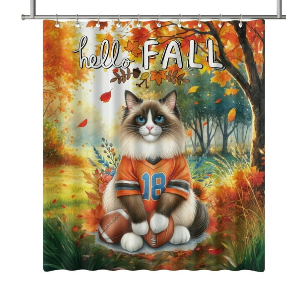 Hello Fall Ragdoll Football Welcome Autumn with Leaves Pumpkins Shower Curtain Cat Lover Kitten Owner Gifts Idea Waterproof Bathroom Bathtub Curtain - 00012