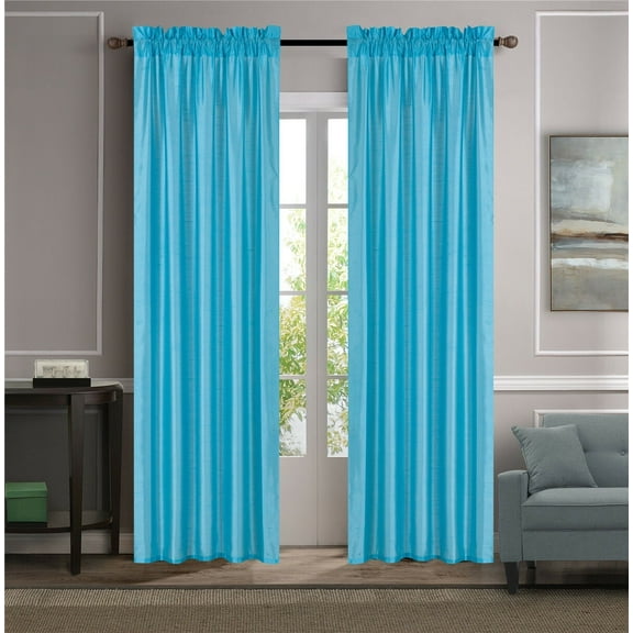 MR2 Turquoise 2-PC Set rod pocket faux silk window curtain treatment set of two 2 solid semi sheer voile panels 55" W x 95" L (Each)