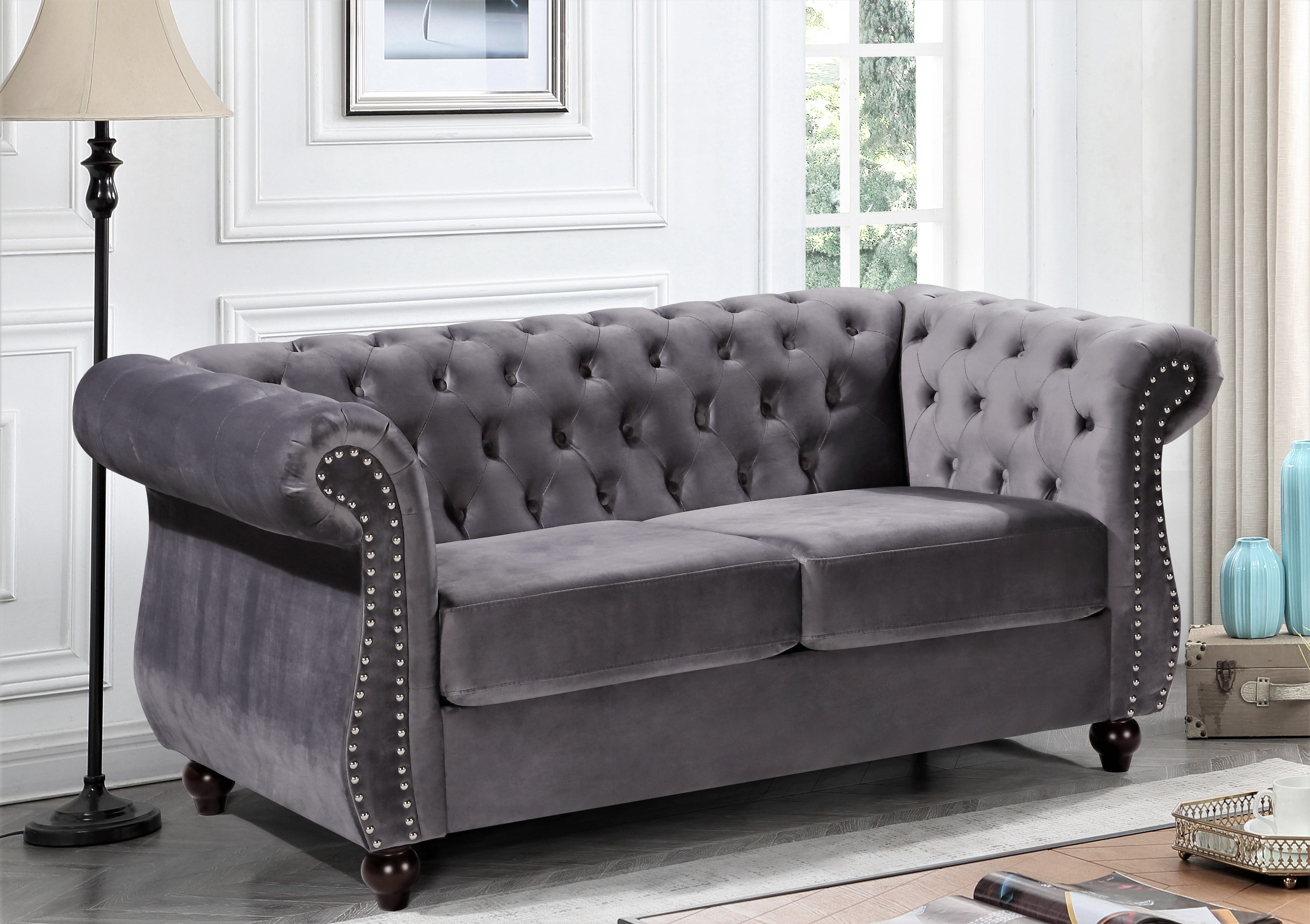 Uspridefurniture Feinstein Velvet Loveseat, Gray