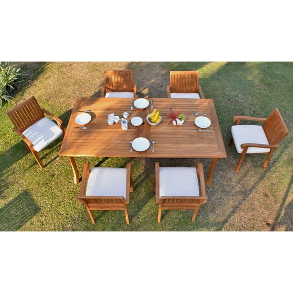 Teak Dining Set:6 Seater 7 Pc -118" Rectangle Table And 6 Stacking Napa Arm Chairs Outdoor Patio Grade-A Teak Wood WholesaleTeak #WMDSNPh