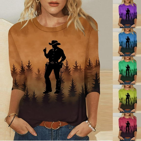 Aboser Western Cowboy Tops for Women Trendy 3/4 Sleeve Printed Shirts Plus Size Casual T Shirt Funny Round Neck Tunic Top Cozy Soft Pullover Blouses
