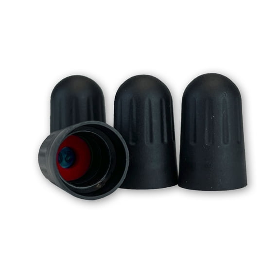 4 Black TPMS Valve Caps with Inner Seals for All American Schrader TPMS Type Valve Stems by TYK Industries