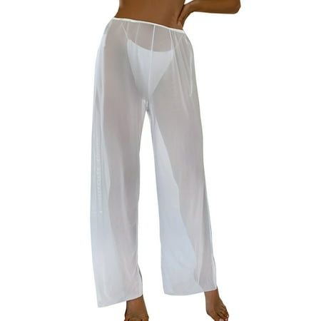 Rigardu Women See Through Sheer Mesh Pants Beach Swimsuit Bikini Bottom Cover Up Party Club Elastic High Waist Wide Leg Pants Ruffle Trim Cover Up Pants Beach Wrap Bikini Shiny Swimwear Pants
