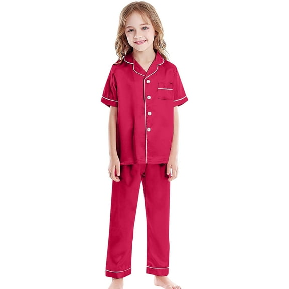 Kid Satin Pajamas For Boy Solid Button Down Homewear Set Toddler Nightgown Cute Pjs For Girls 8-9 Years