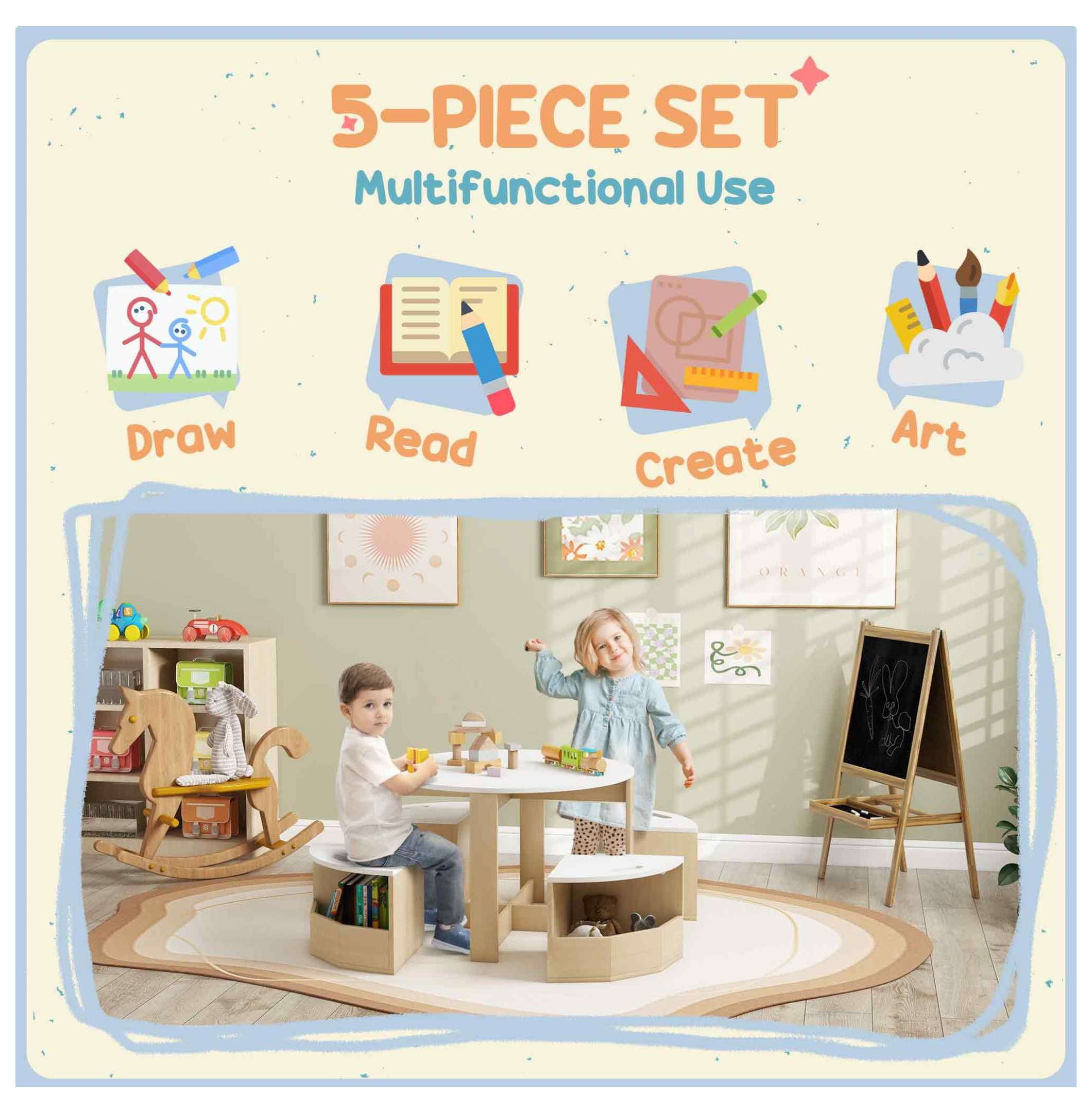 Qaba Kids Table and Chairs Set, 5 Piece Toddler Table and Chairs Set with Storage for Art, , Drawing, Playroom, Classroom, , White