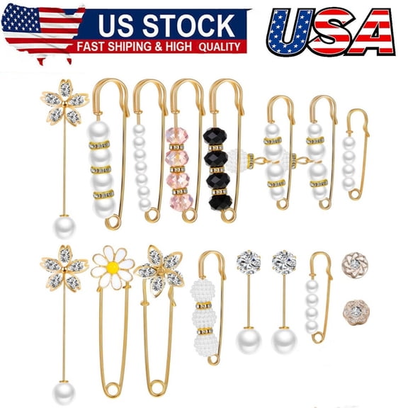 17Pcs Pearl Brooch Pins Sweater Shawl Clips Faux Pearl Rhinestones Collar Safety