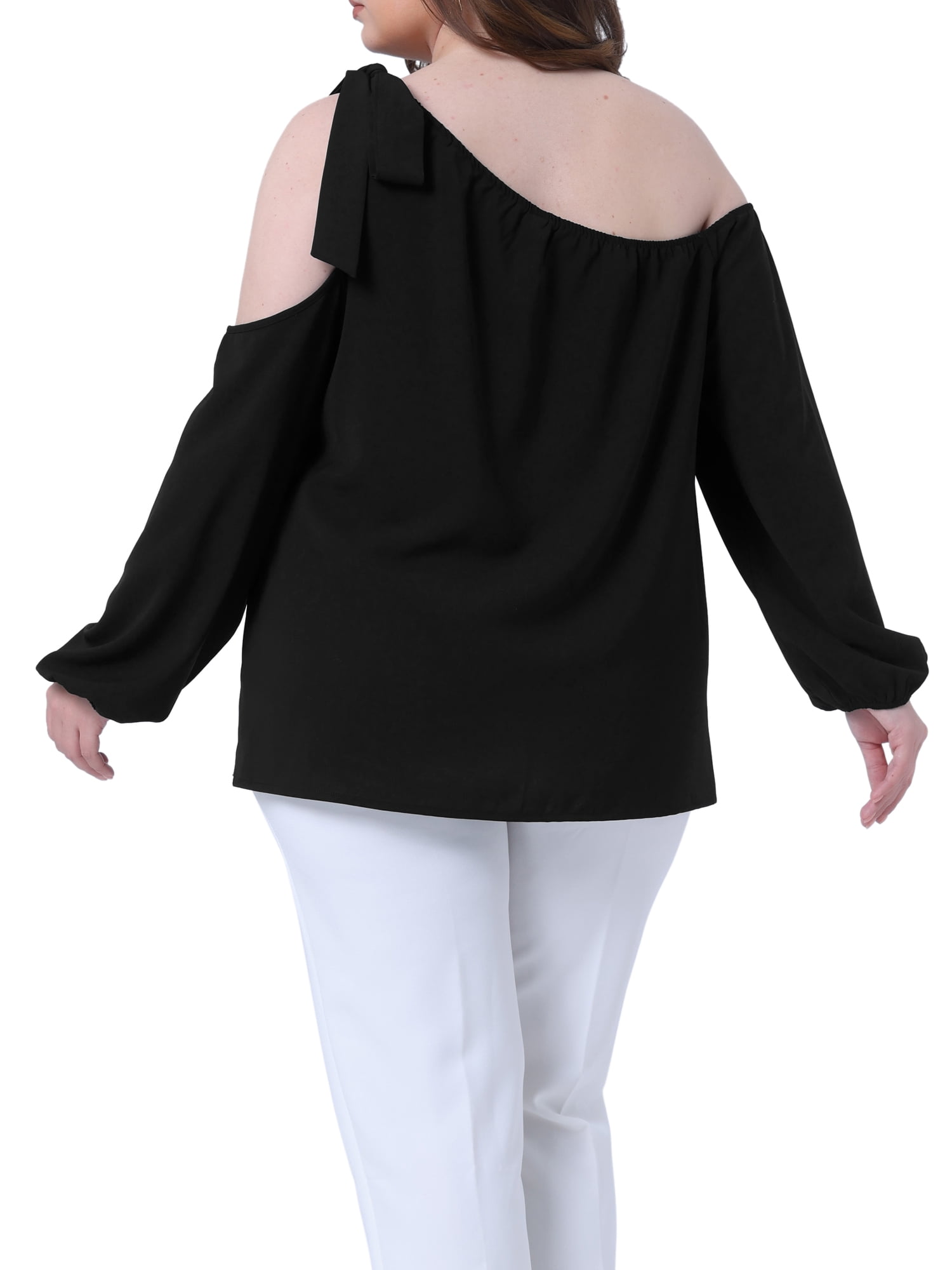 DARING DIVA Women's Plus Cold Shoulder Tie Long Sleeve Blouse 2X Black