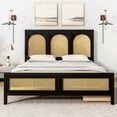 thumbnail image 3 of Full Size Platform Bed with 2 Drawers, Mid-Century Storage Bed with Rattan Headboard and Footboard, Wooden Bed Frame with Slats Support, No Box Spring Needed, Black, 3 of 9