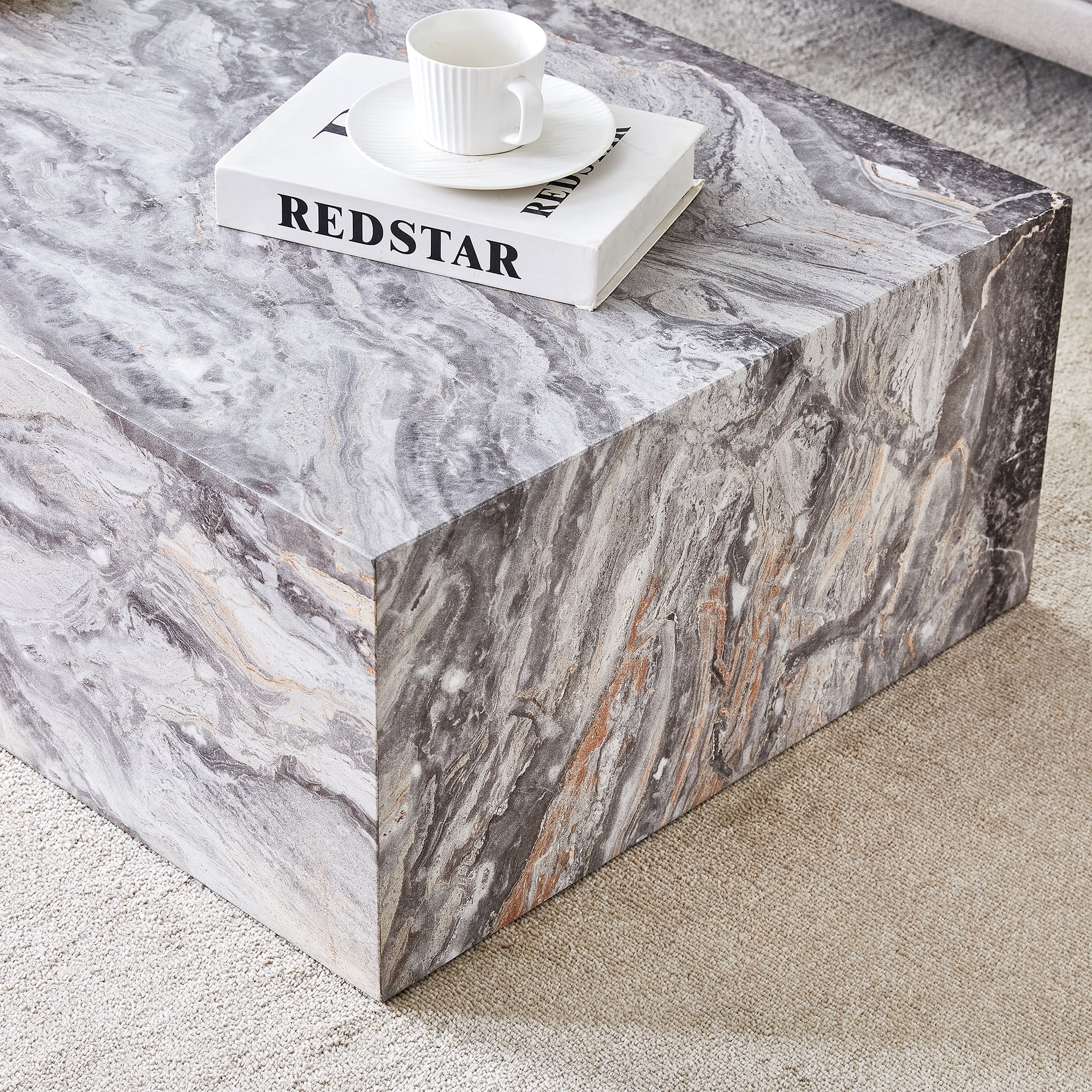 Coffee Table 39.3 Inch, Grey Stone Pattern MDF Side Table with Modern Texture Design, Accent Table for Living Room and Lounge, No Assembly Required, Gray