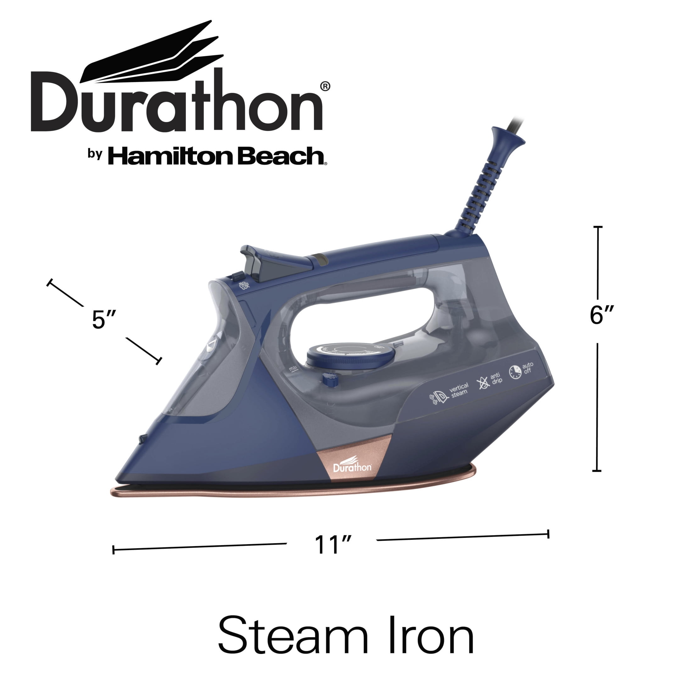 Hamilton Beach Durathon Steam Iron for Clothes with Nonstick Soleplate, Over 400 steam holes, Auto Shut-Off, Anti-Drip, Extra long cord, 1500W, Navy