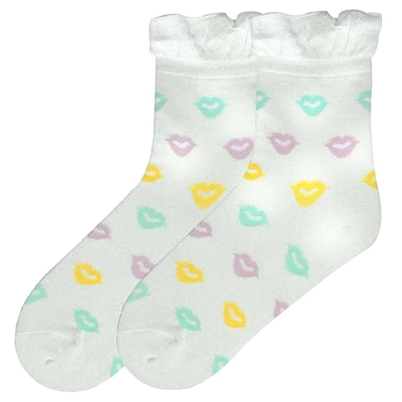 K. Bell Women's White Ruffle Top Socks with Kisses (9-11)