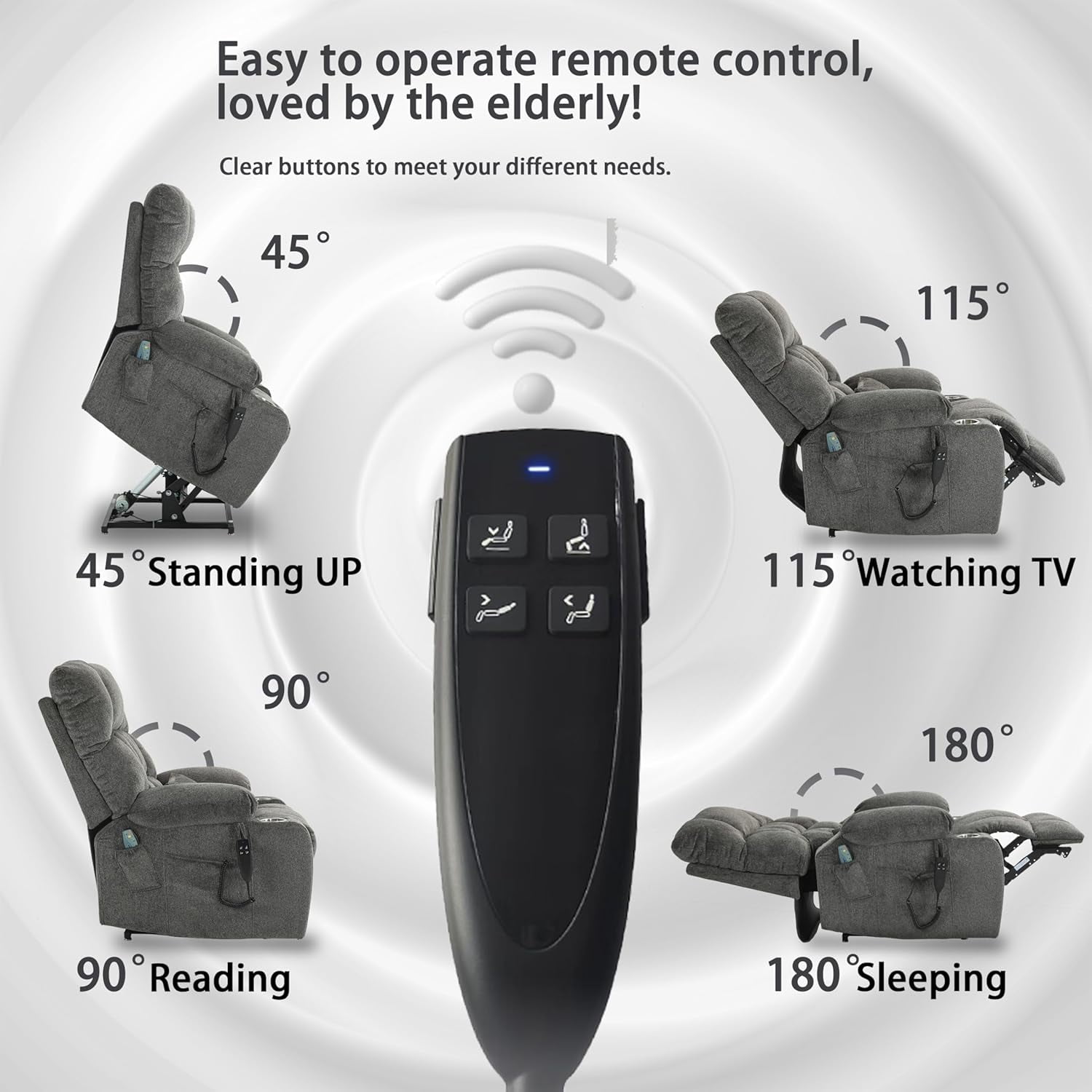 REHOUSING Adult Chenille Living Room Power Lift and Massage Heat Recliners with Cup Holders and Side Pockets, Gray
