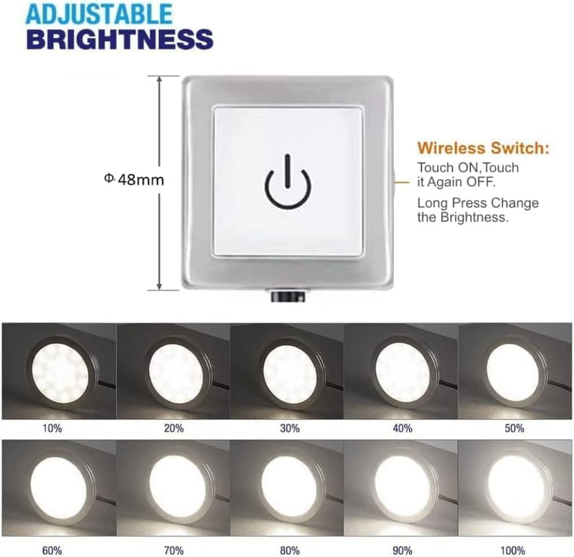 VST Under-Cabinet LED Lights, 2W (20W Total), Wired Touch Dimmer Puck Lights Fixtures, Recessed or Surface Mount, 3000K, 10 Pack, White