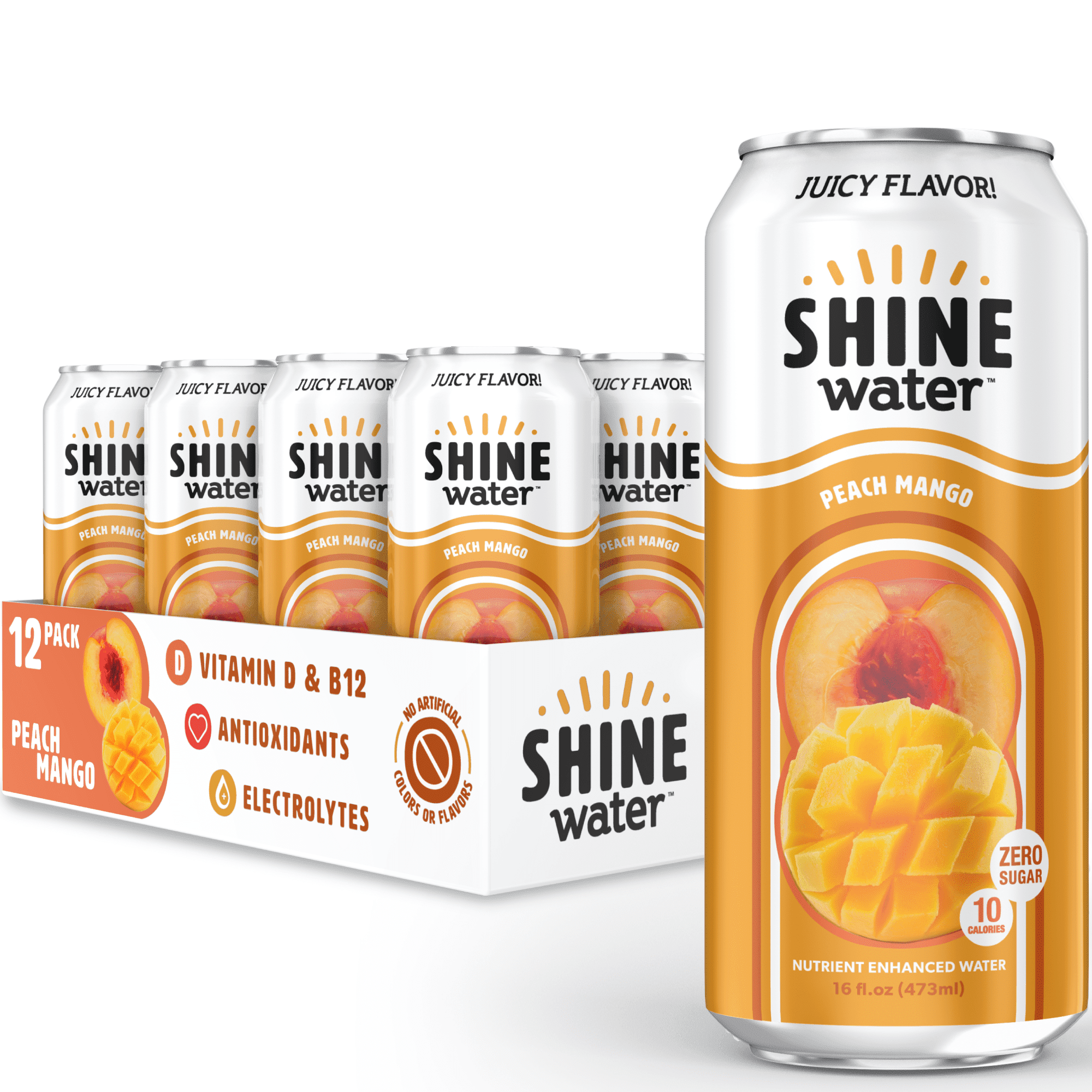 Shine Water Peach Mango Vitamin D Electrolyte Drinks 12-Pack, Sugar Free Flavored Water with Magnesium, Zinc & Antioxidants, Low Calorie Hydration