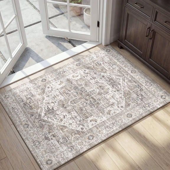 SIXHOME 2'x3' Small Entry Rug Door Mat Machine Washable Rug Vintage Medallion Door Rug for Entryway Welcome Mat Kitchen Rug Bathroom Rug Bedroom Rug Indoor Retro Home Decor Taupe