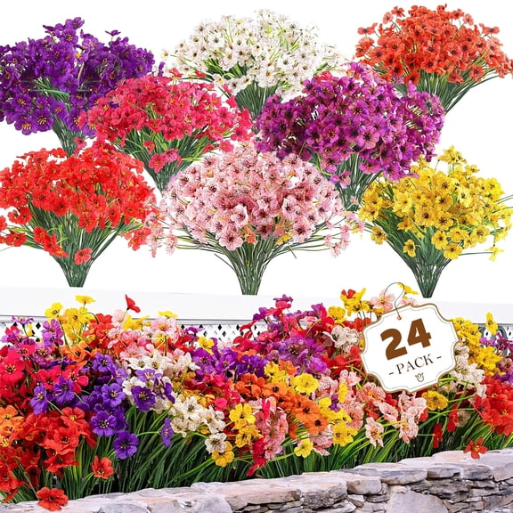 LANDLIT  24 Bundles Artificial Flowers for Outdoor/Indoors, Fake Plastic Flowers Plants for Indoor, Outside Garden, Porch, Window Box, Home, Wedding, Farmhouse(8 Color)