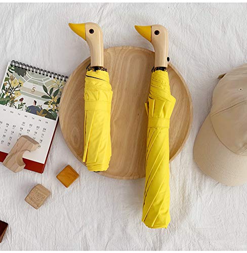 Cute Duck Head Wooden Handle Folding Umbrella for Sun and Rain Protection