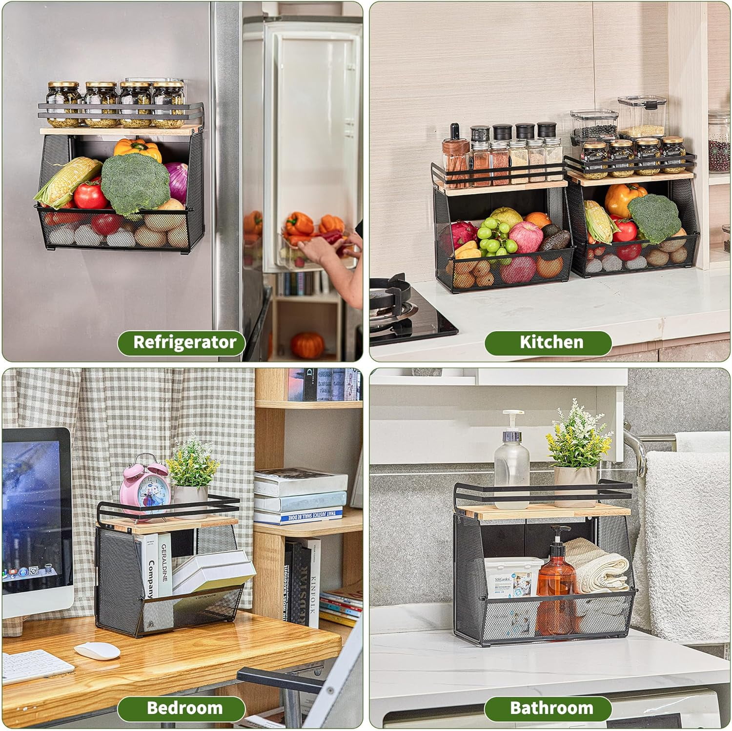 2 Pack Magnetic Shelf for Fridge with Wood Lid, Large Container Magnetic Fruit Basket Spice Rack, Potato Onion Storage Organizer Magnetics Shelves for Refrigerator, Kitchen Counter, Pantry