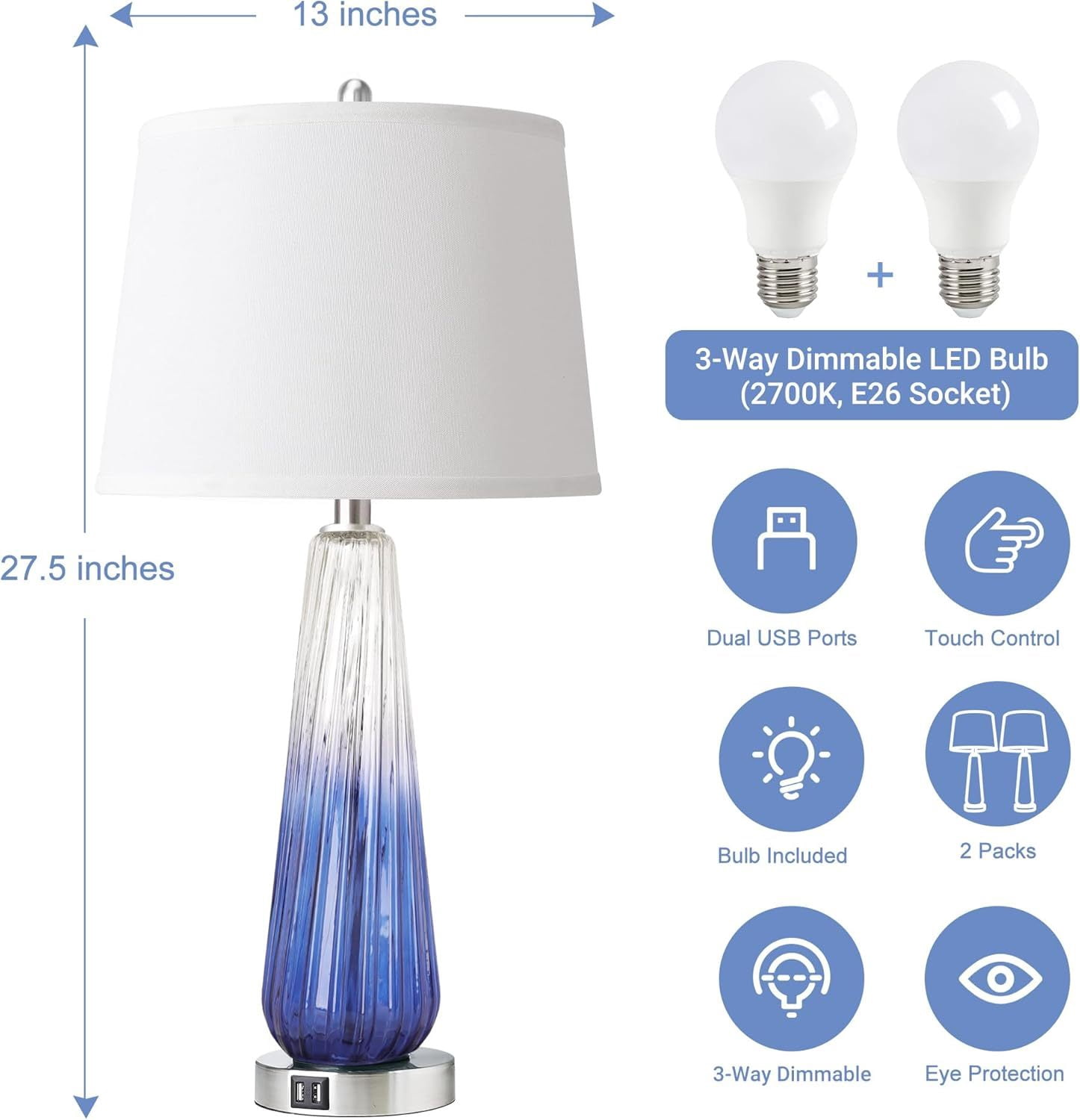 Lisonu 27.5" Touch Control Table Lamps Set of 2, 3-Way Dimmable Bedside Lamps with USB A+C Ports, Modern Navy Blue Glass Nightstand Lamps with White Fabric Shade for Living Room Bedroom