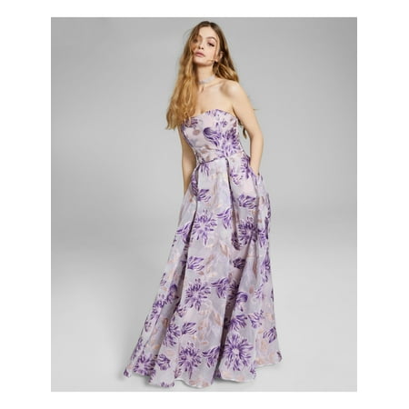 

SPEECHLESS Womens Purple Metallic Zippered Boning In Bodice Padded Floral Strapless Full-Length Evening Gown Dress Juniors 3