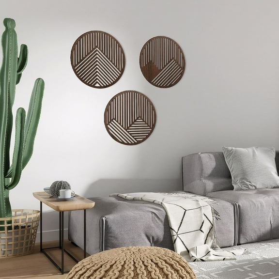 MCheckerd 3 Piece Wood Mountains Wall Art, Geometric Round Circle Wooden Artwork, Rustic Nature Mountain Line Wall Decor for Living Room Bedroom