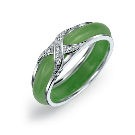 Jade Floral Band Ring - Dyed Green Jade Band CZ Criss Cross Sterling Silver Ring