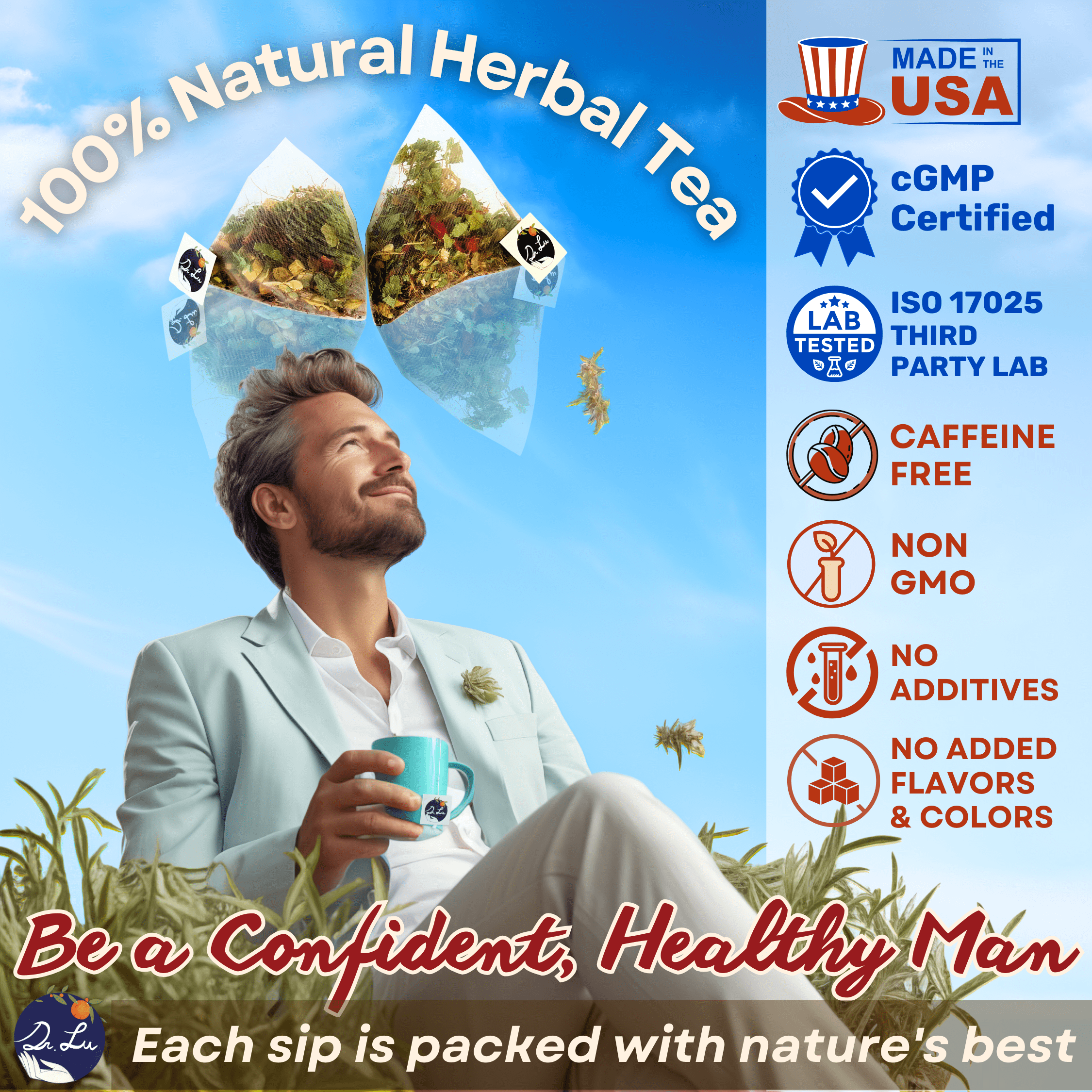 Dr. Lu’s Happy Guy Tea | 11-Flavor Corn Silk, Horny Goat Weed, Maca Root, Hibiscus Tea Blend for Men's Health | Promote Urination & Prostate Health | Improve Strength & Fertility