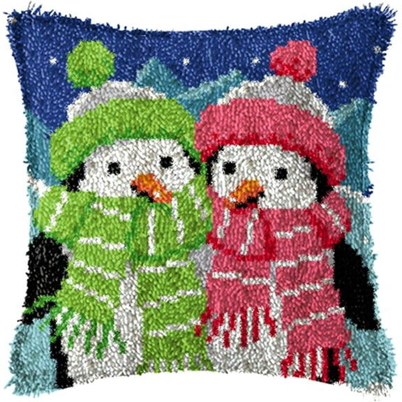 Latch Hook Kits DIY Throw Pillow Cover with Penguins Canvas Needle Craft for Kids and Adults Home Decoration 17" X 17"