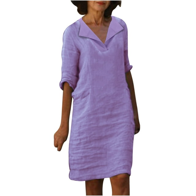 KIHOUT Robes d'Été pour Femmes, Mode pour Dames Robe à Col en V à Manches Mi-Longues Unie à Enfiler Violet m