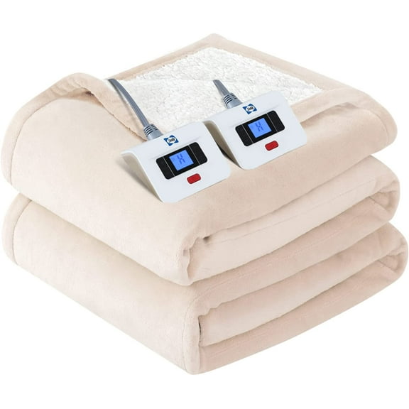 Electric Blanket Queen Size, Flannel & Sherpa Heated Blanket with 10 Heat Setting & 1-12 Hour Auto Shut Off, Fast Heating Blanket, Machine Washable, Beige, 84 x 90 Inch