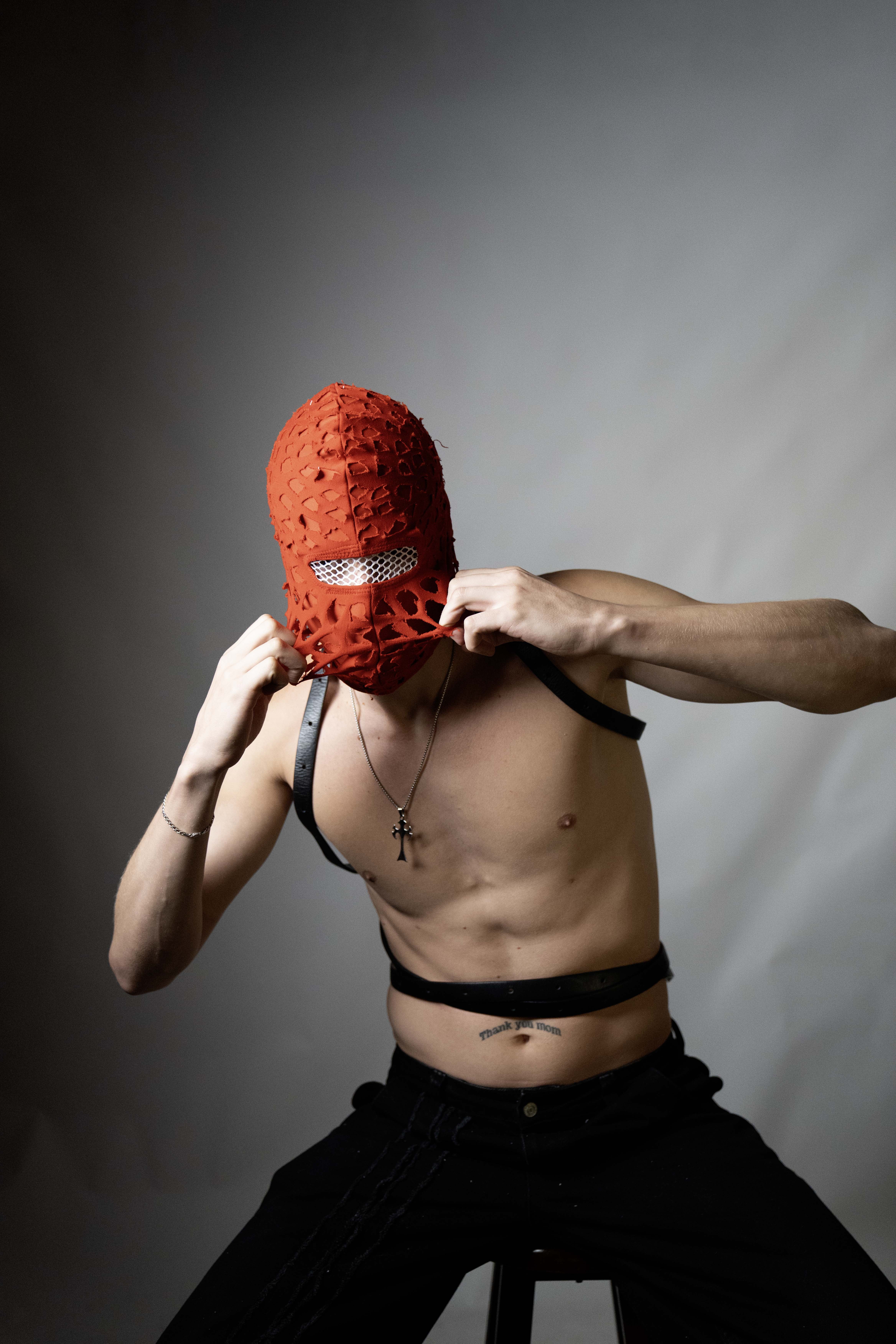 Handmade balaclava ski mask, tatty and shabby, ragged tattered design Fragmented cotton unisex for all ages winter cold indoor and outdoor