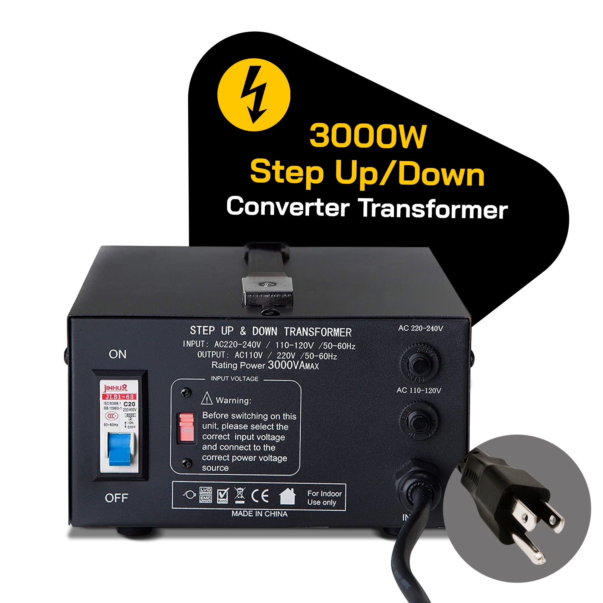 Step Up/Down 110V/220V 2000-Watt Voltage Converter Transformer Circuit Breaker Protection Soft Start & Full Load Circuit Breaker Protection ST-2000W 