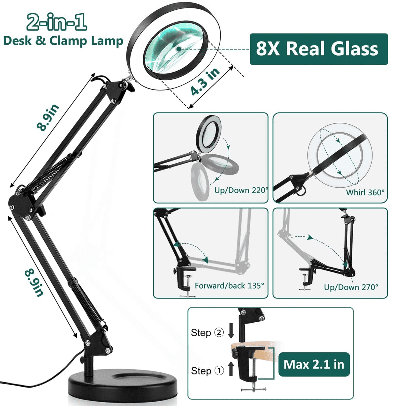 8X Desk Magnifying Glass with Light, NUEYiO 2-in-1 Heavy Duty Base&Clamp  Magnifying lamp, 4.1'' Real Glass Len, 3 Color Stepless Dimmable LED  Lighted