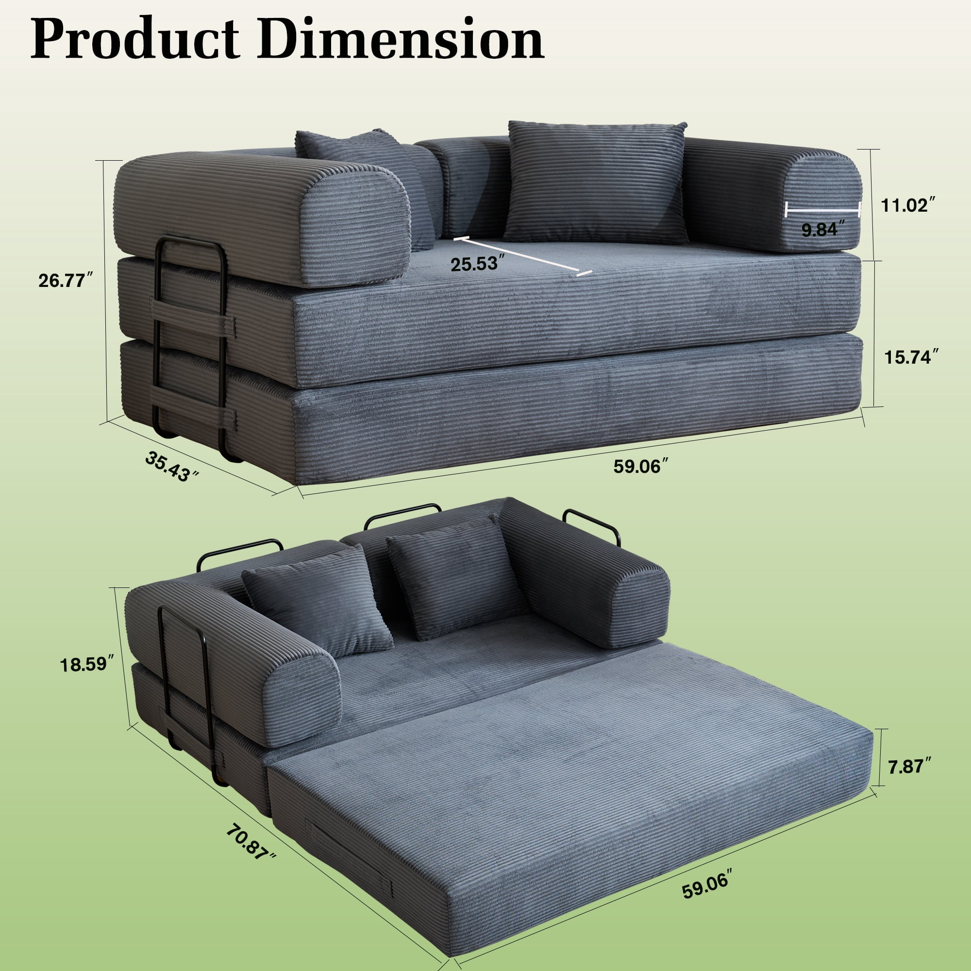 BSHTI 59" Casual Corduroy Convertible Sleeper Sofa Bed with Cylindrical Pillow, No Assembly, Small Space for Living Room（Gray）