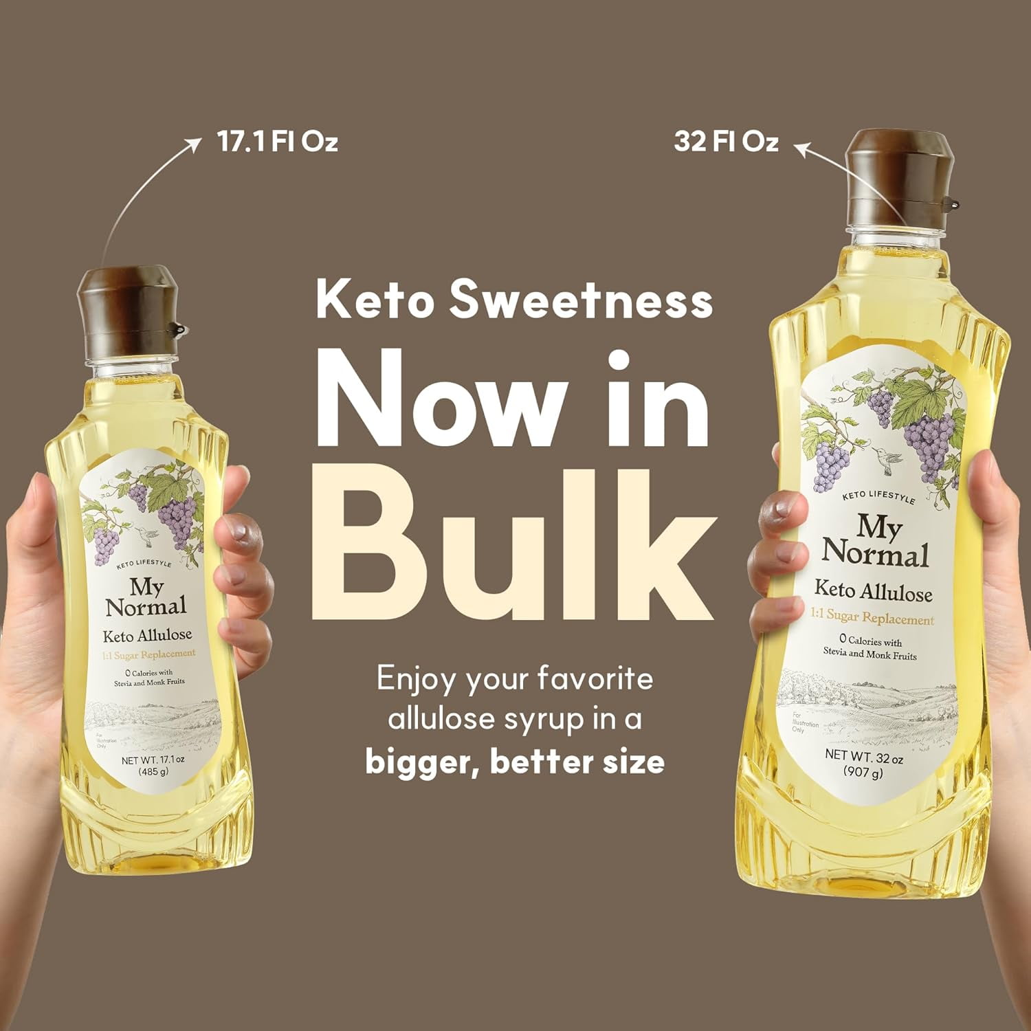 My Normal Keto Allulose Large Size, Allulose 99.52%, Monk Fruit, Stevia Blend Thin Syrup, Zero Calorie Sweetener, 1:1 Sugar Substitute, Low Glycemic, Gluten Free, Zero Net Carbs, Zero Sugar (32oz)